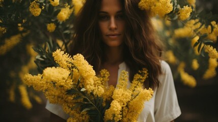 woman holding bouquet of yellow wattle flowers