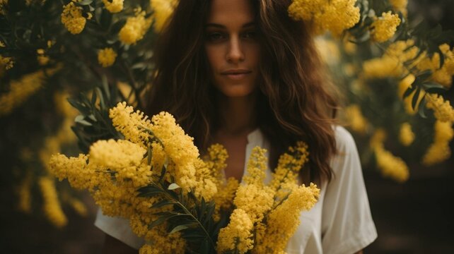 Woman Holding Bouquet Of Yellow Wattle Flowers