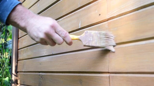 stain siding wood wall, water weather seal, painting with a paint brush