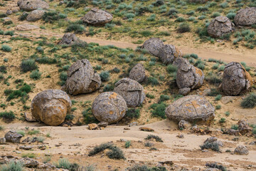 Unusual spherical shape of stones in the Kazakh steppe Mangistau, valley of balls in nature Torysh