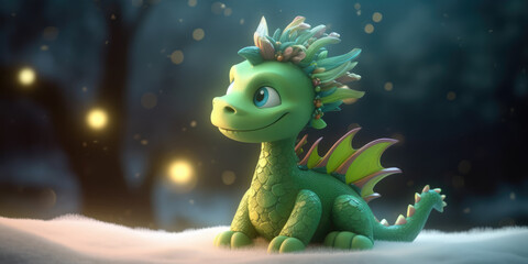 Cute Little Green Dragon in the snow at night. Green Dragon The Symbol Of New Year 2024. Creative Christmas Background