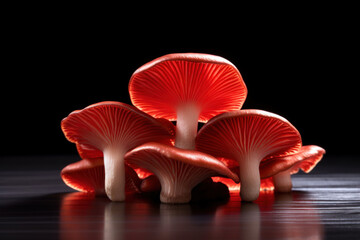 Group of red mushrooms on a black background. Close-up. - obrazy, fototapety, plakaty