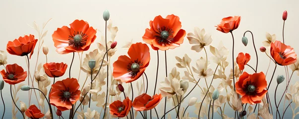 Fototapeten red poppy flowers in the field on a white background, in the style of silver and green, © alex