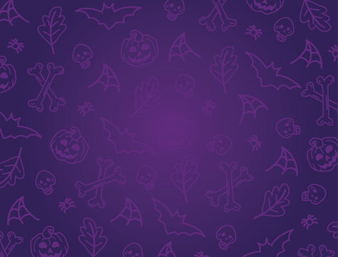 vector background with halloween symbols, halloween party pattern, freehand pattern on purple background