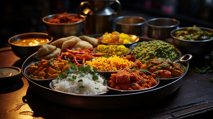 Fototapeta premium Traditional Indian cuisine, use of spices, milk, dairy products, but also meat and vegetables