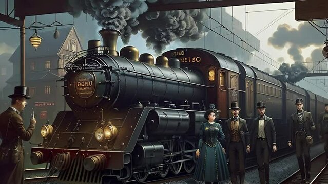 Steampunk cityscape with train on railway station. Victorian era city scene with retro locomotive and passengers. Retrofuturistic animation with transformations. AI generated cinematic video