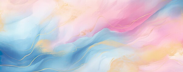 Fototapeta na wymiar Abstract watercolor paint background illustration web design - Soft blue pink pastel color waves and gold lines, with liquid fluid marbled paper texture banner texture | Generative AI