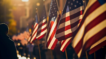 In mid-morning sunlight, a Veterans Day parade with American flags, and uniformed military veterans showcases patriotic spirit and unity, highlighting their determination.