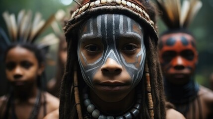Children from a tribe with cultural tattoos, Ancient tribes in Indonesia. - obrazy, fototapety, plakaty