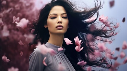 Beautiful woman with purple flowers background.
