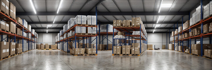 Banner a retail warehouse filled with rows of shelves stocked with merchandise in cartons, accompanied by pallets and forklifts. A blurred background of logistics and transportation. This is a product