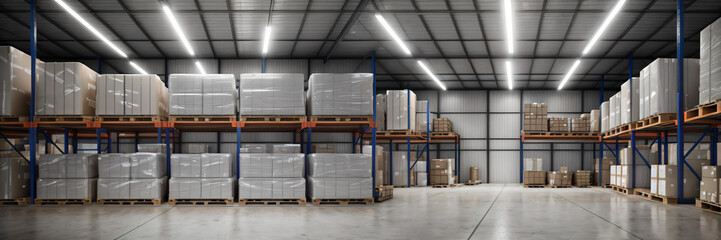 Banner a retail warehouse filled with rows of shelves stocked with merchandise in cartons, accompanied by pallets and forklifts. A blurred background of logistics and transportation. This is a product