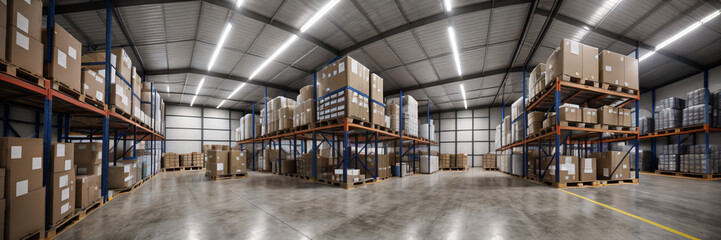 Banner a retail warehouse filled with rows of shelves stocked with merchandise in cartons, accompanied by pallets and forklifts. A blurred background of logistics and transportation. This is a product