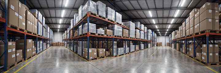 Banner a retail warehouse filled with rows of shelves stocked with merchandise in cartons, accompanied by pallets and forklifts. A blurred background of logistics and transportation. This is a product