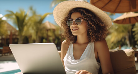 Young woman working on a laptop near pool on vacation.