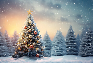 Christmas scene with a christmas tree in the snow with colorful background and trees. - Winter time. 