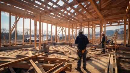 Builder Working On Wooden House, Construction workers in building site.