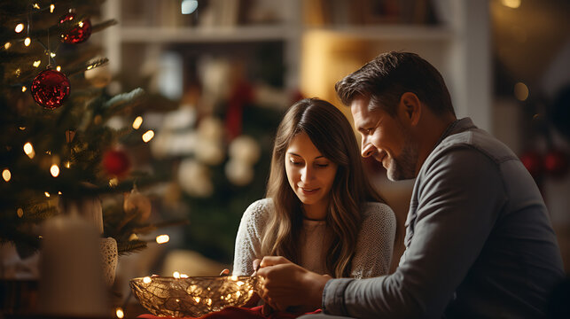 A family in the living room decorating a christmas tree, soft atmospheric light
