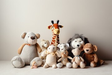 A group of stuffed animals placed by a pale backdrop. Generative AI
