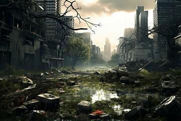 An image showing a devastated cityscape with remnants of buildings and overgrown vegetation. Generative AI