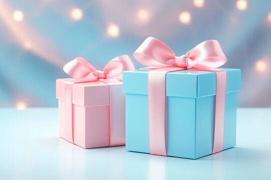 Generative AI illustration of bright blue and pink colored cardboard box with pink bow and ribbons placed on white table against blurred shiny background