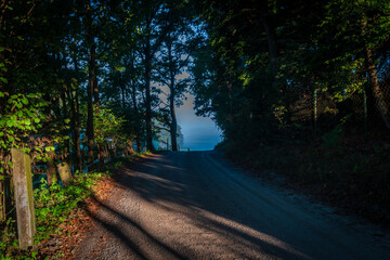 Ray of light and shadow over road from Czech to Austria near border