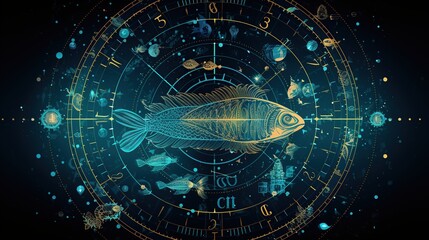 Futuristic pisces zodiac horoscope astrology symbol background. AI generated