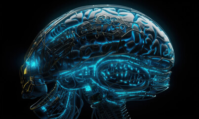 Generative AI image of human brain shape of artificial intelligence with glowing neon blue light and black lines against dark background