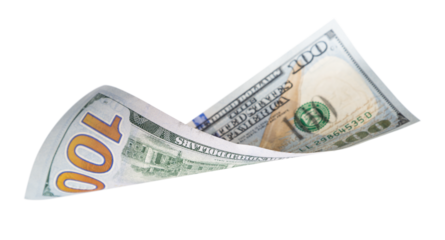 One Hundred Dollar Bill Falling or Floating on Empty Background - Transparent PNG.
