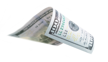 One Hundred Dollar Bill Falling or Floating on Empty Background - Transparent PNG.