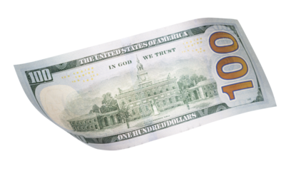 One Hundred Dollar Bill Falling or Floating on Empty Background - Transparent PNG.