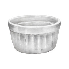 Watercolor illustration of an empty white porcelain bowl isolated on a transparent background.