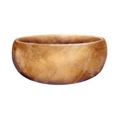 An empty bowl made of wood, isolated on a transparent.background. Watercolor illustration of a bamboo bowl
