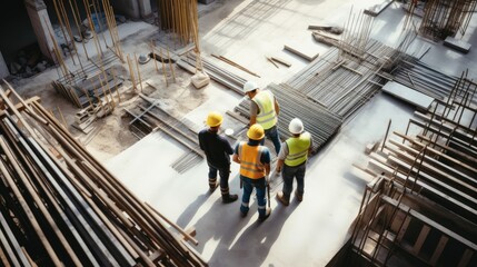 Group of Engineers working on construction site, High angle view, Construction industry.