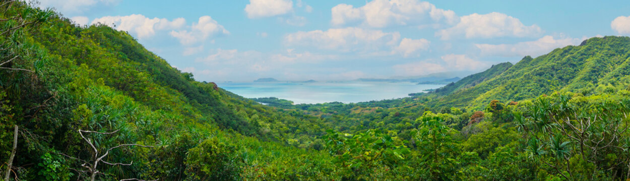 Panorama of Ka'a'awa Valley on Oahu's windward coast in Hawaii