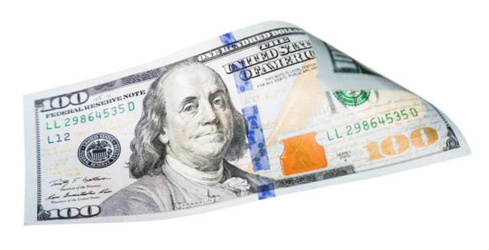 One Hundred Dollar Bill Falling or Floating on Empty Background - Transparent PNG.