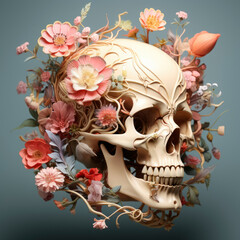 Beautiful pastel colorful flowers adorn a white skull profile view, on blue background. Perfect for Halloween or Day of the Dead.