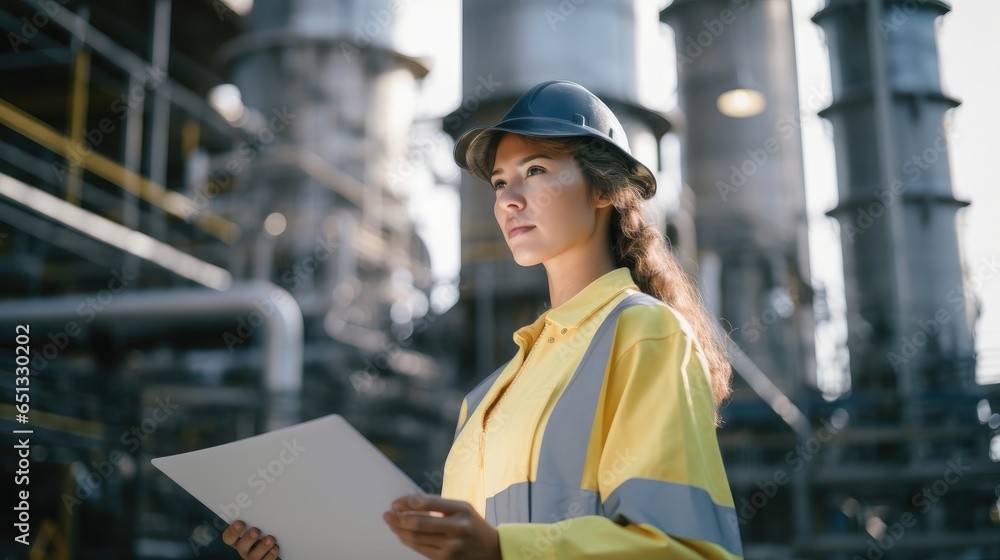Poster female engineer checking work in factory with digital tablet.