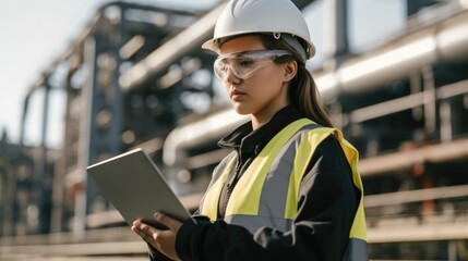 Female worker using digital tablet working and checking in a chemical plant.