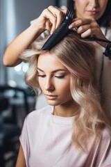 Fototapeta premium A hairstylist in a modern beauty salon. Generative AI