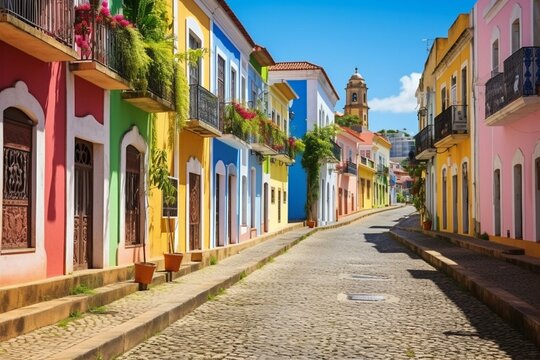 Colorful street in Salvador, Bahia, with old houses and monuments. Generative AI