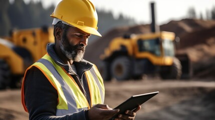 Male engineer with hardhat using digital tablet while working at construction site.