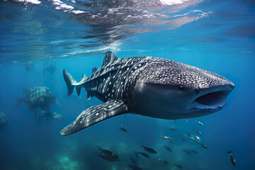 A large humpback whale is swimming in the underwater with shark and diver.