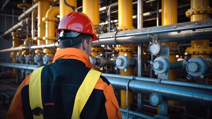 Factory worker in hardhat are working at gas compressor station, Standing near Yellow-red pipeline.