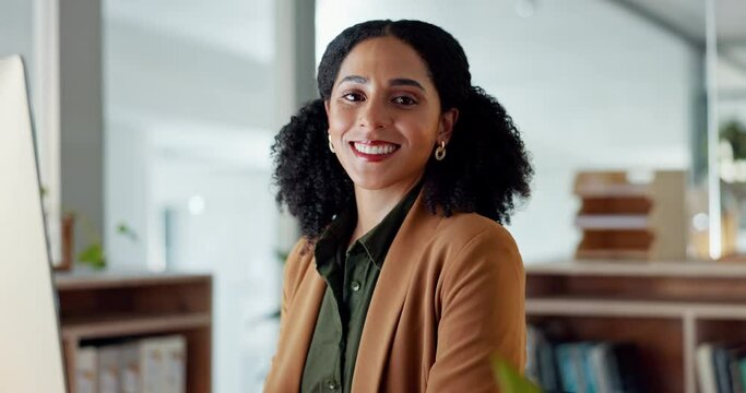 Portrait of businesswoman at desk with computer, smile and typing email, research report or article at digital agency. Internet, pride and happy woman at tech startup, online review and networking.