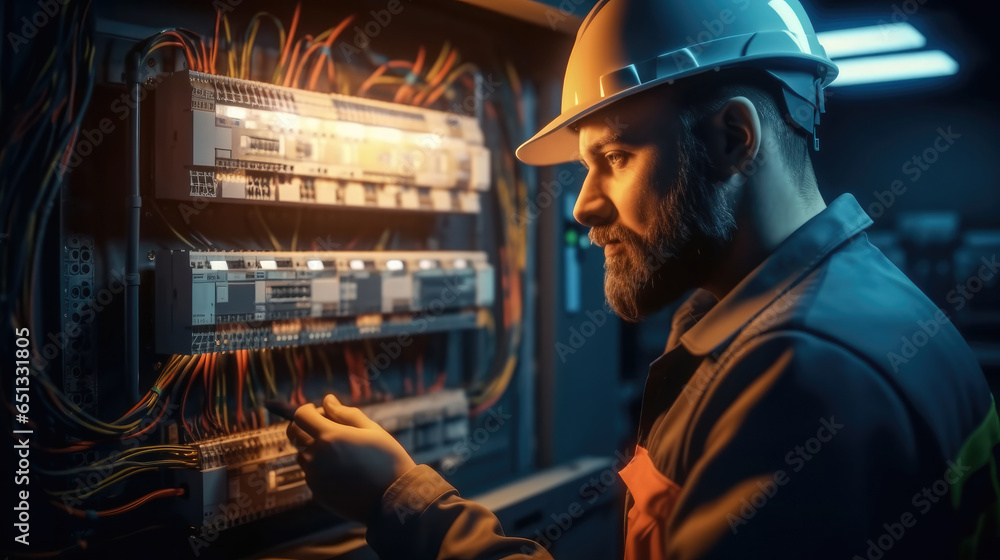 Poster electrician man installing a electric switchboard system.