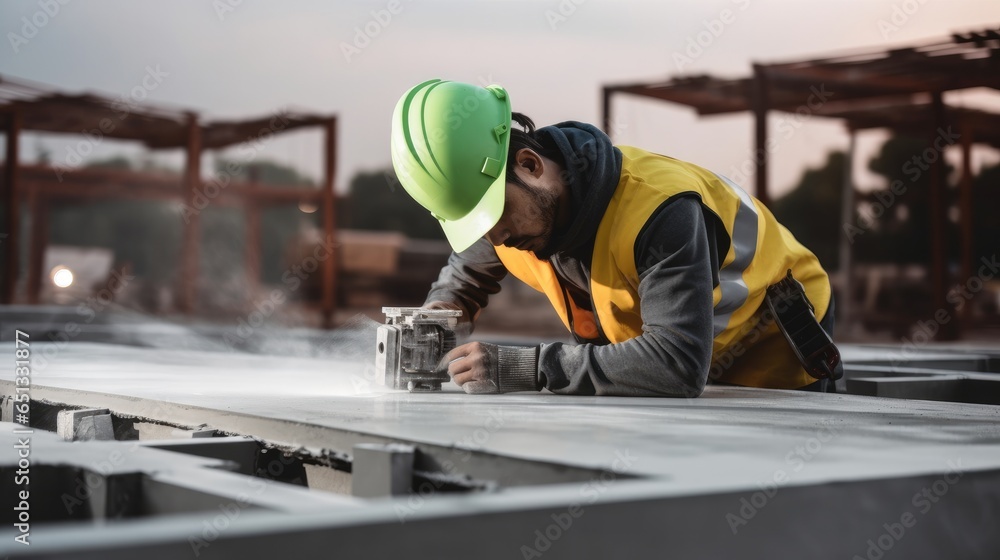 Poster A worker is using a tool to cut concrete slabs at building sites.