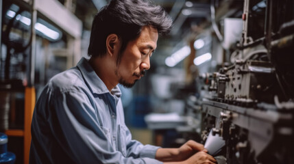 Fototapeta premium Japanese man working with machines at factory.