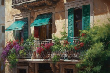Fototapeta na wymiar A painting of a balcony adorned with blooming flowers and lush green plants in a building with vibrant green shutters. Generative AI