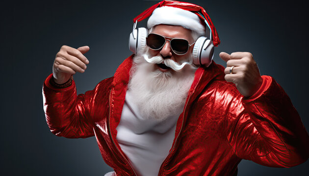 Funny santa claus listen music on headset